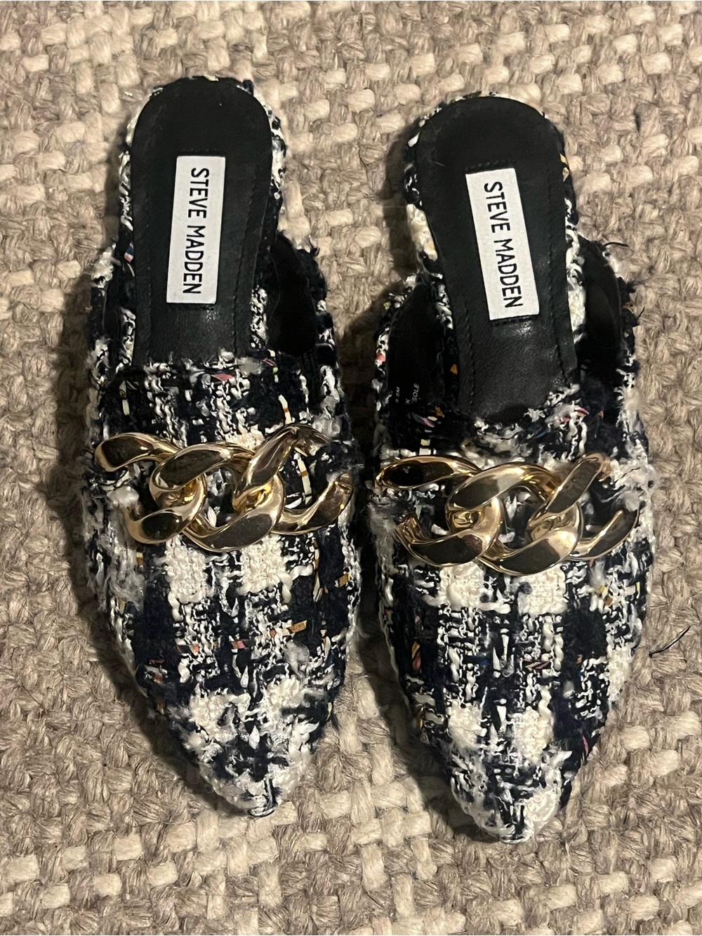 Steve Madden Navy & White Tweed Chain-Accent Mules (never worn)